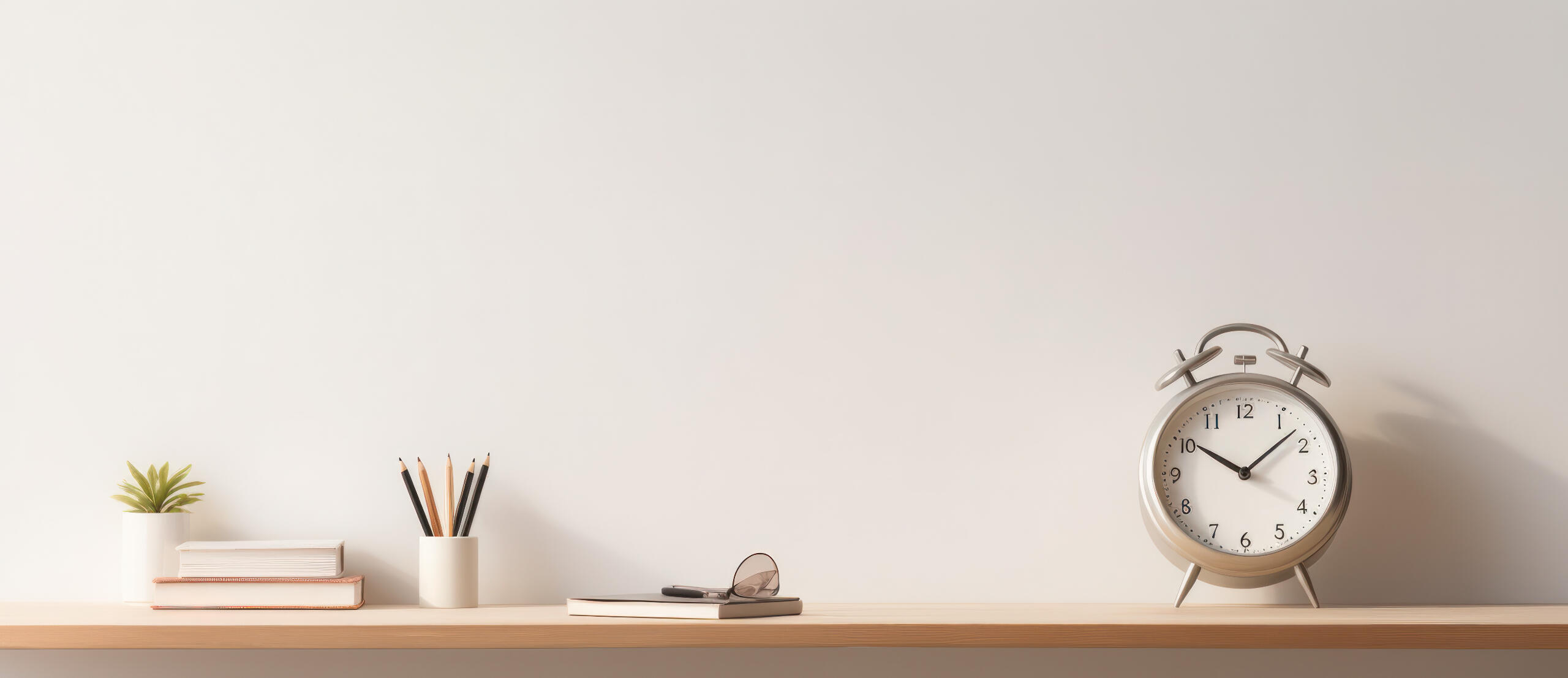 Picture of a minimalist workbench featuring a clock, a couple of books, a plant, a pencil holder with pencils and a magnifying glass resting on a book.