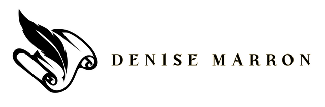 Denise Marron Logo depicting a scroll with feather quill.
